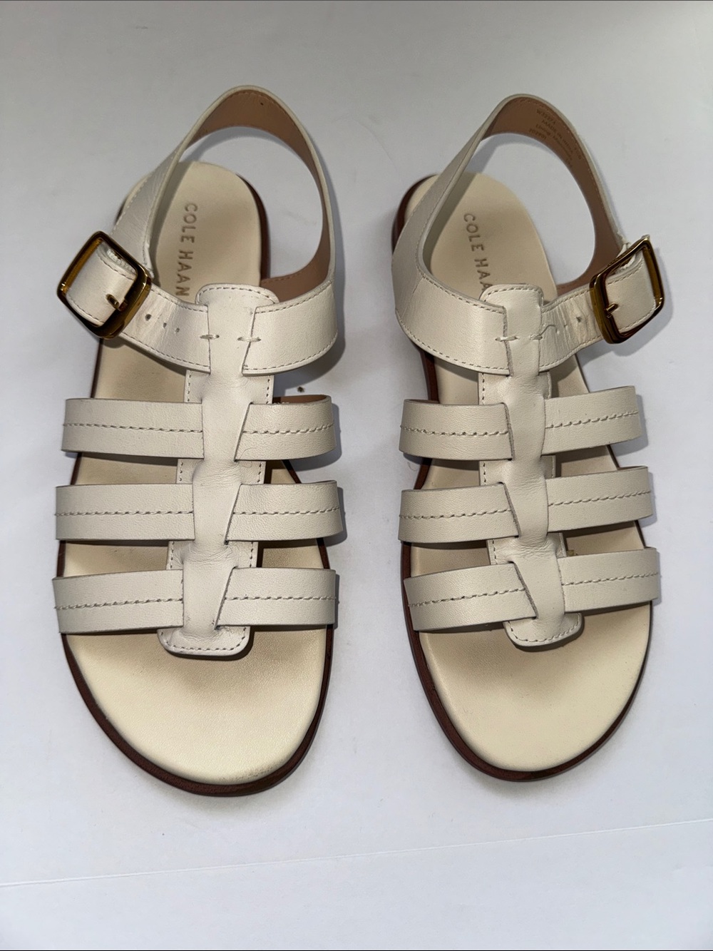 Cole Haan Cream Leather Fisherman Sandals with Gold Buckles